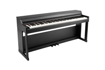 Black digital piano with full keyboard and modern sleek design on stand, isolated on a transparent background