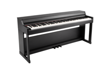 Black digital piano with full keyboard and modern sleek design on stand, isolated on a transparent background