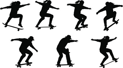 Skateboarding silhouette vector set, skater tricks illustration, street sport design, skateboard action poses, extreme movement art, urban lifestyle clipart, skate vector bundle graphics