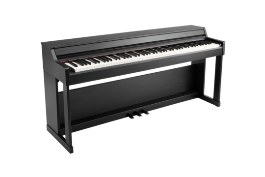 Black digital piano with full keyboard and modern sleek design on stand, isolated on a transparent background