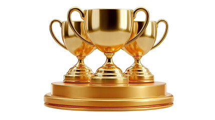 Golden Trio of Triumph: A trio of exquisitely crafted golden trophies, symbols of achievement and victory, are arranged upon a lustrous golden base, a beacon of success.