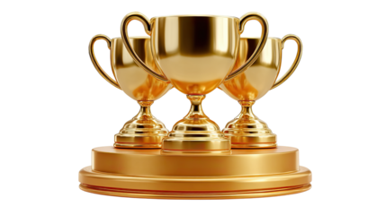 Golden Trio of Triumph: A trio of exquisitely crafted golden trophies, symbols of achievement and victory, are arranged upon a lustrous golden base, a beacon of success.