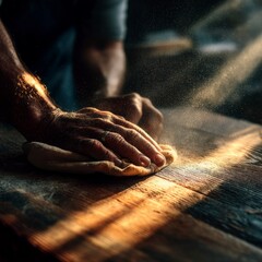 Close up of hands polishing wood in sunlight