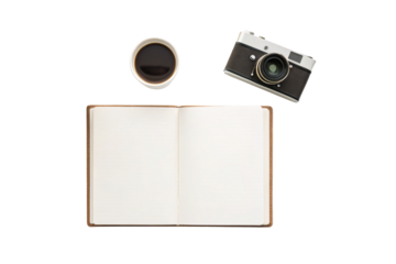 Open notebook with blank pages, vintage camera, coffee cup, flat lay composition, creative workspace, isolated on a transparent background