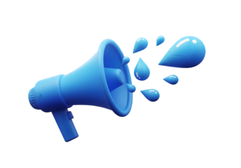 Dynamic blue megaphone broadcasting vibrant splashes, perfect for exciting announcements or impactful messages.