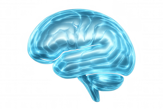 Translucent brain illuminating with electric blue glow, representing cognitive processes, neural networks, and intellectual potential against clean backdrop