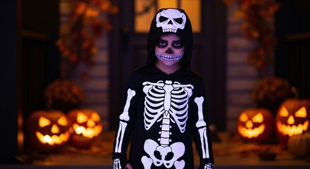 Spooky skeleton child in costume with glowing jack o lanterns for Halloween night