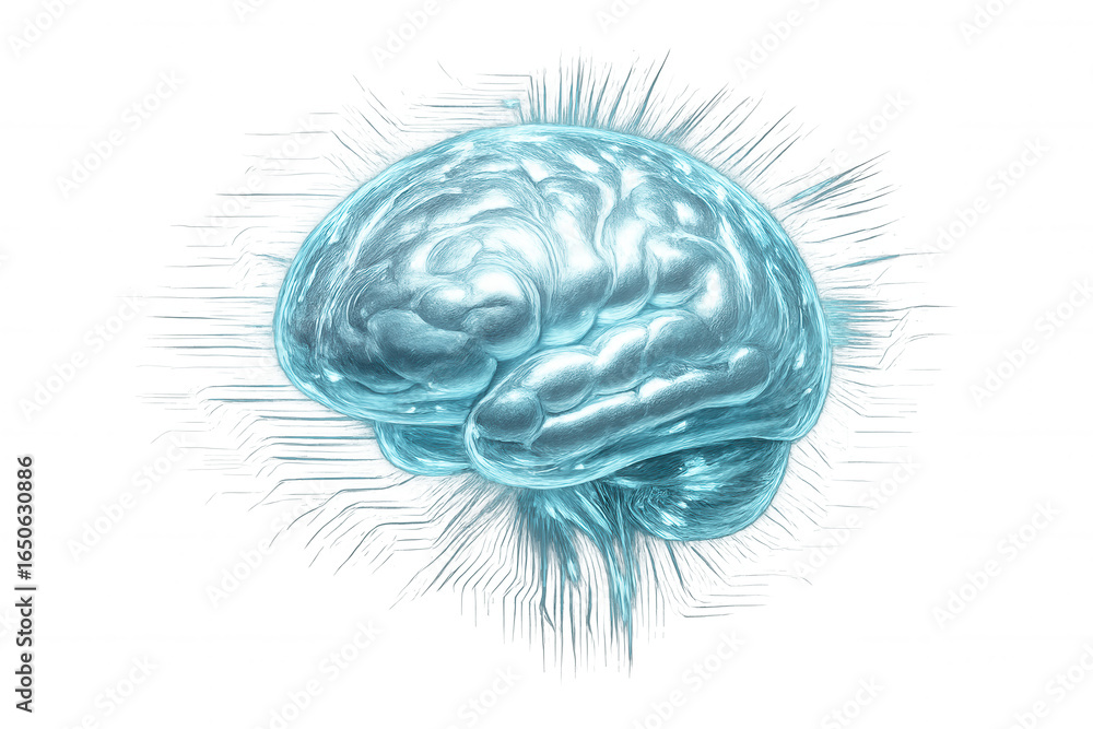 Poster artificial intelligence concept showing a bright human brain generating ideas, with transparent back