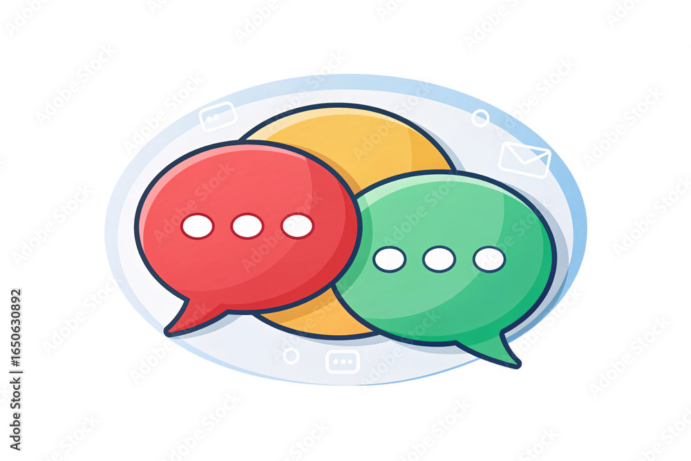 Poster red and green speech bubbles with ellipsis dots overlapping on soft circular pastel background desig