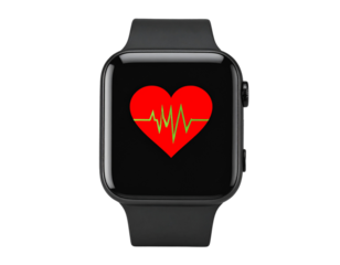 Modern Black Smartwatch Displaying Vibrant Heart Rate Icon, Front View, Isolated on Transparent Background