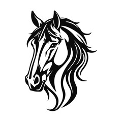 Horse logo template. Black and white silhouette of a horse head with a graceful mane. Elegant minimalist logo for branding, design and printing