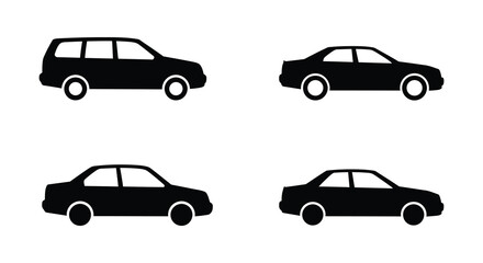 Four Car Silhouette Icons in Black on White Background for Design Elements