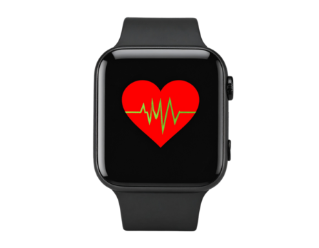 Modern Black Smartwatch Displaying Vibrant Heart Rate Icon, Front View, Isolated on Transparent Background