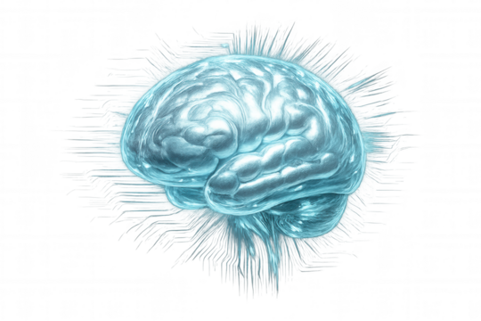Artificial intelligence concept showing a bright human brain generating ideas, with transparent background