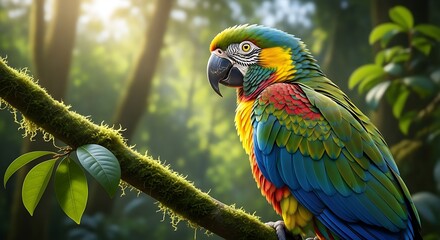 Obraz premium Exotic parrot perched upon mossy limb in vibrant jungle sunlight atmosphere