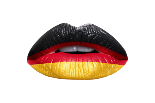 Lips painted with German flag colors black red yellow horizontal stripes glossy lipstick makeup, isolated on a transparent background
