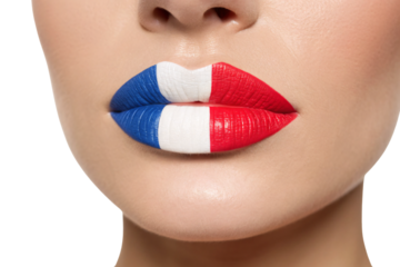 Female lips painted with French flag colors blue white red tricolor patriotic makeup design, isolated on a transparent background