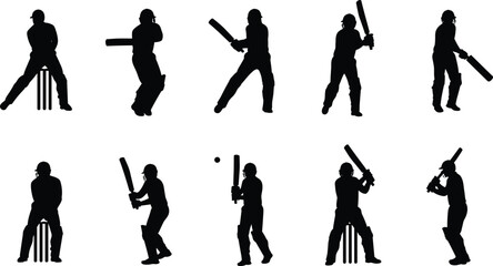 Silhouette of Cricket Batsman in Various Batting Poses, Vector Set for Sports Design, Cricket Illustration Collection, Black Silhouettes of Players Action