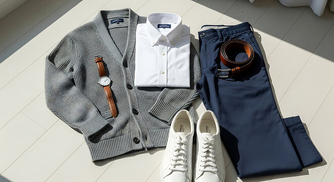 Flat lay of a men's outfit including a grey cardigan, white dress shirt, blue pants, brown leather belt, white sneakers, and a wristwatch.