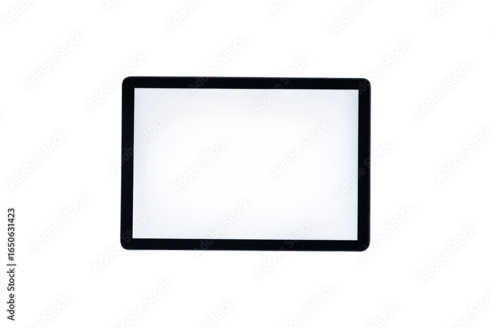 Poster black rectangular tablet or monitor device with blank white screen display, isolated on a transparen