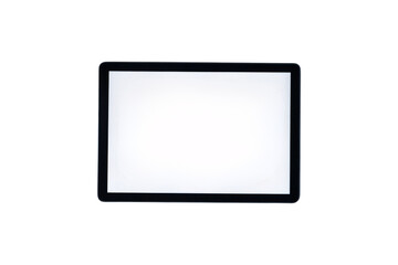Black rectangular tablet or monitor device with blank white screen display, isolated on a transparent background