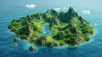 Tropical fantasy island with mountains, forest, and a central river lake, surrounded by blue ocean. Ideal for game maps, adventure designs, and world-building projects