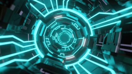 Obraz premium Digital Nexus: A dynamic depiction of a futuristic tunnel bathed in glowing neon, where technology meets artistic design.