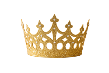 Golden sparkly royal crown with traditional pointed design and decorative openwork pattern details, isolated on a transparent background