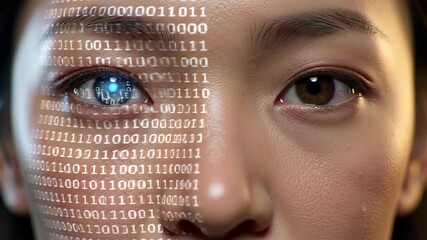 AI face closeup with binary code, dual lighting, subtle code animation, lifelike cybernetic portrait