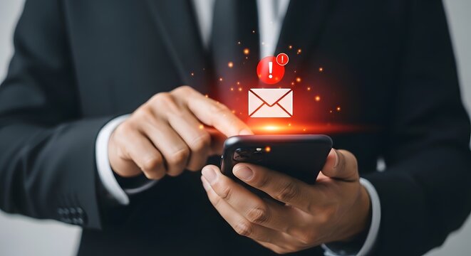 Closeup of a businessman in a suit using a smartphone, with a glowing email notification icon indicating an important message or alert