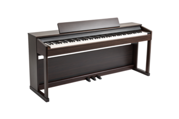 Brown wooden digital piano with sleek contemporary cabinet and standard 88-key layout, isolated on a transparent background