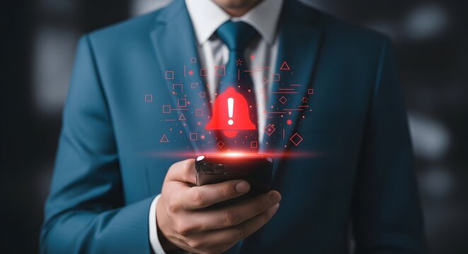 Closeup of a businessman in a suit holding a smartphone displaying a glowing red alert notification icon, signifying urgent business or system warnings
