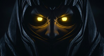 Mysterious figure with glowing yellow eyes, intense gaze, dark fantasy concept art, haunting atmosphere