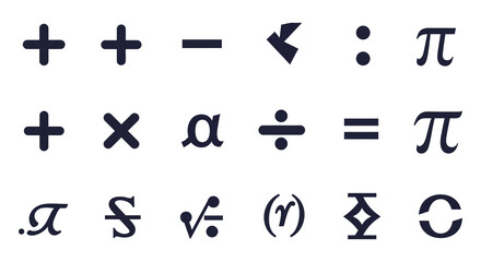 Mathematical symbols and operators on white background