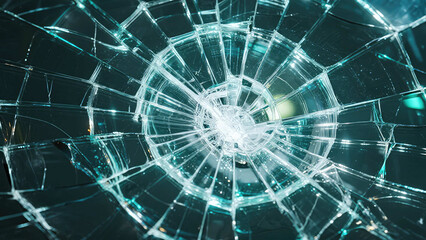 Fototapeta premium Shattered Glass: Abstract view of shattered glass with radiating cracks and fragments, emphasizing the fragility and destruction. 
