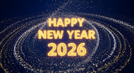 Happy New Year 2026 Golden Text with Cosmic Swirls of Particles.