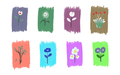 Set colorful abstract doodle flowers. Abstract modern flowers collection, floral element