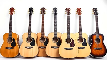 Naklejka premium Six acoustic guitars arranged in a row on white, professional and clean composition.