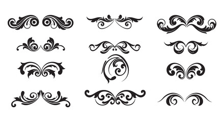 Collection of black swirly ornamental design elements and flourishes