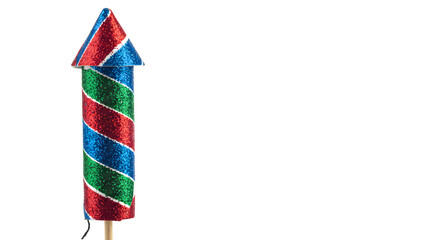 Red, blue, green firework sparkles. This patriotic rocket stands out against a dark background for July 4th product photography, branding, or posters.