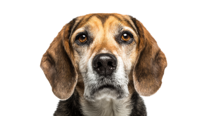 Close up of a senior beagle dog face with expressive eyes and wet fur