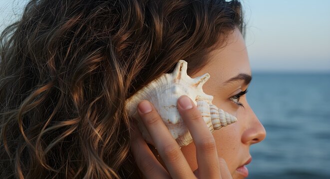 A woman listens to a seashell on the beach, enjoying the peaceful sounds of the ocean.