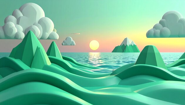 A tropical island vector illustration with a bright sun, green grass, and trees under a summer sky