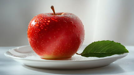 A fresh red apple with water droplets placed on a white plate alongside a green leaf