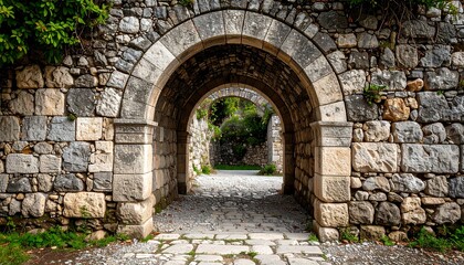 Stone archway passage through ancient weathered walls, leading to a path