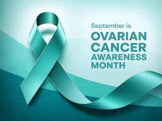 Teal ribbon symbolizes ovarian cancer awareness month in september with elegant flowing fabric