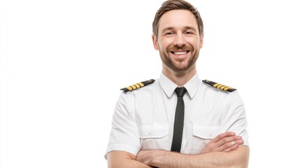 Confident Pilot's Portrait: A smiling pilot wearing a crisp uniform exudes confidence, embodying professionalism, expertise, and a passion for flight.