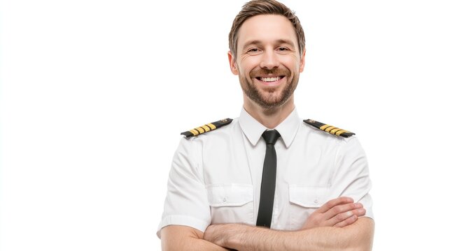 Confident Pilot's Portrait: A smiling pilot wearing a crisp uniform exudes confidence, embodying professionalism, expertise, and a passion for flight.
