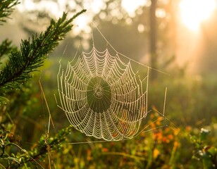 Dew-kissed spiderweb in a sunlit forest clearing