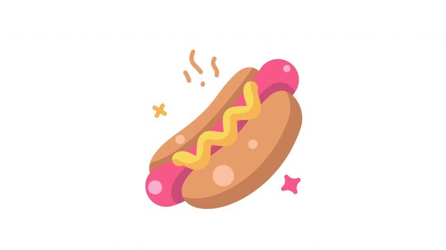Animated hotdog icon in flat style, pink and beige colors, mustard topping, white background, simple lighting, playful sparkles, appetizing detail.